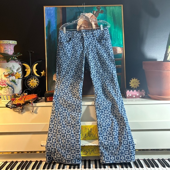 H&M Divided Rare Retro Floral Blue Patterned Flare Jeans Size 10 - Picture 2 of 15